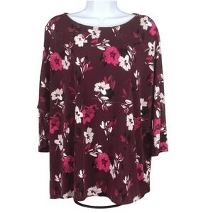 Alfani Womens 3X Burgundy Floral Boat‎ Neck Dolman Sleeve Blouse Top Plus Size